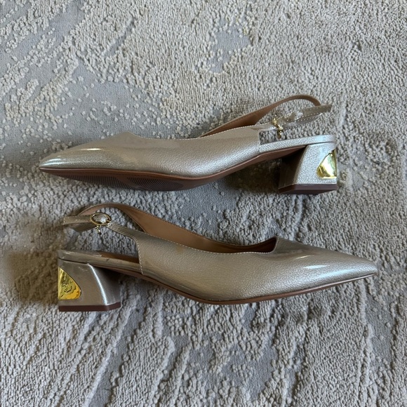 J. Renee SHAYANNE pumps block heels taupe pearl patent leather pointy toe 12 W - Picture 3 of 15